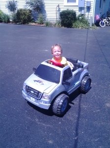He hasn't been able to drive hos beloved Power Wheels truck since all of this began.  But he finally can!